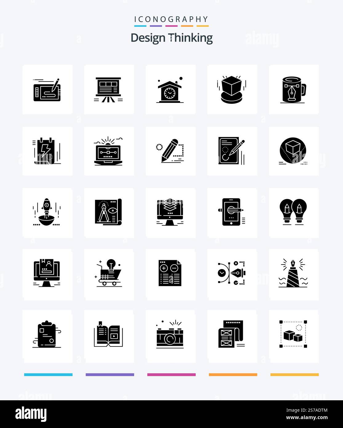 Creative Design Thinking 25 Glyph Solid Black icon pack  Such As cube. d. chart. design. time Stock Vector