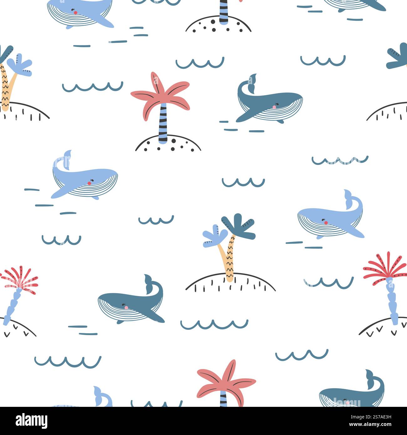 Cute marine pattern with cartoon whales and palm trees. Seamless vector ...