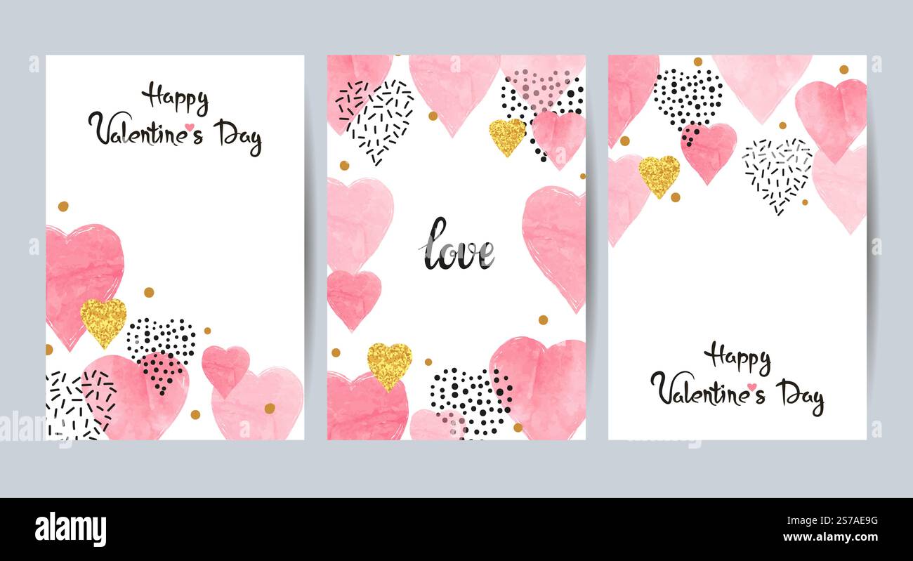 Valentines Day cards set with pink watercolor hearts Stock Vector Image ...