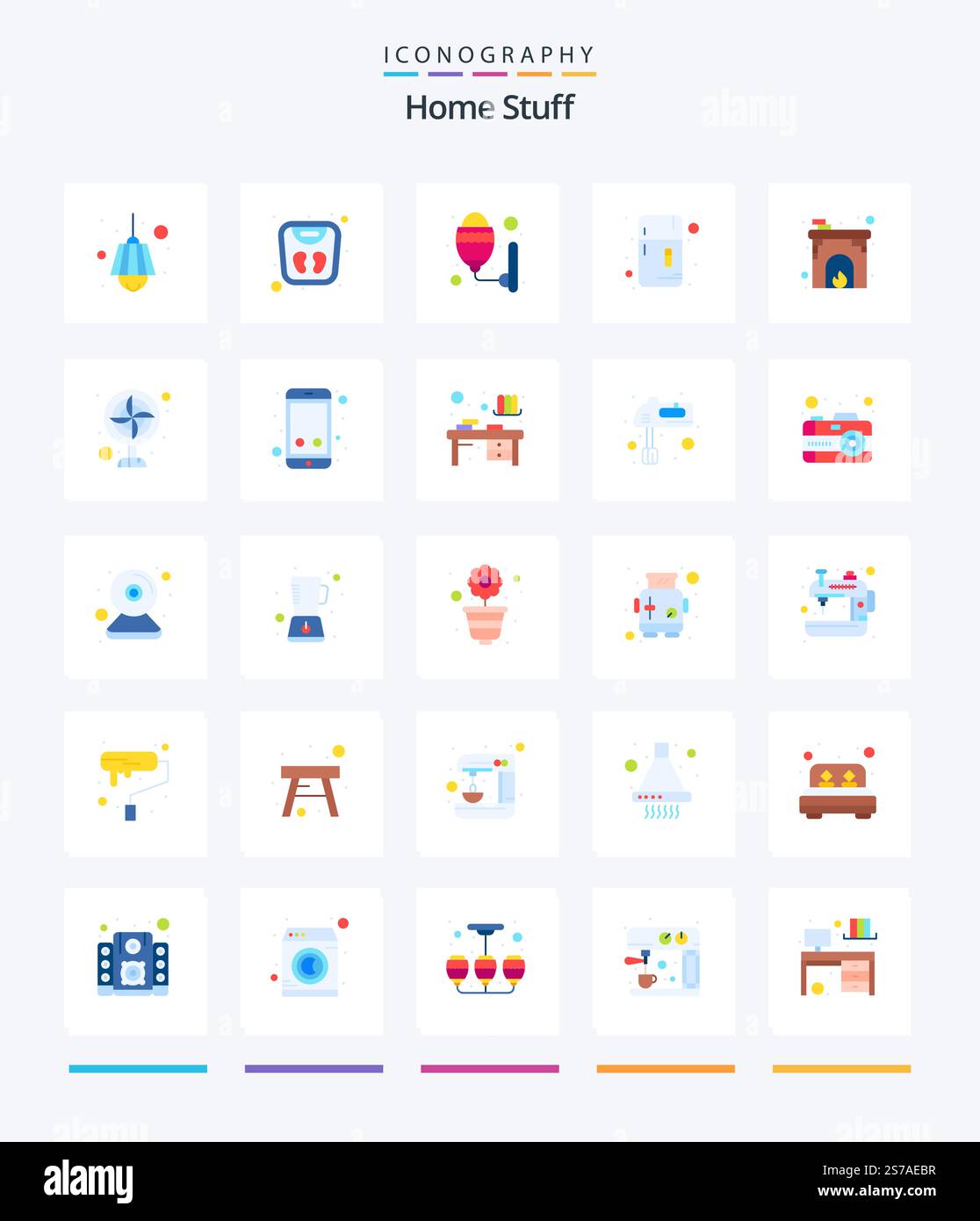 Creative Home Stuff 25 Flat icon pack  Such As fire. . lamp. refrigerator. freezer Stock Vector