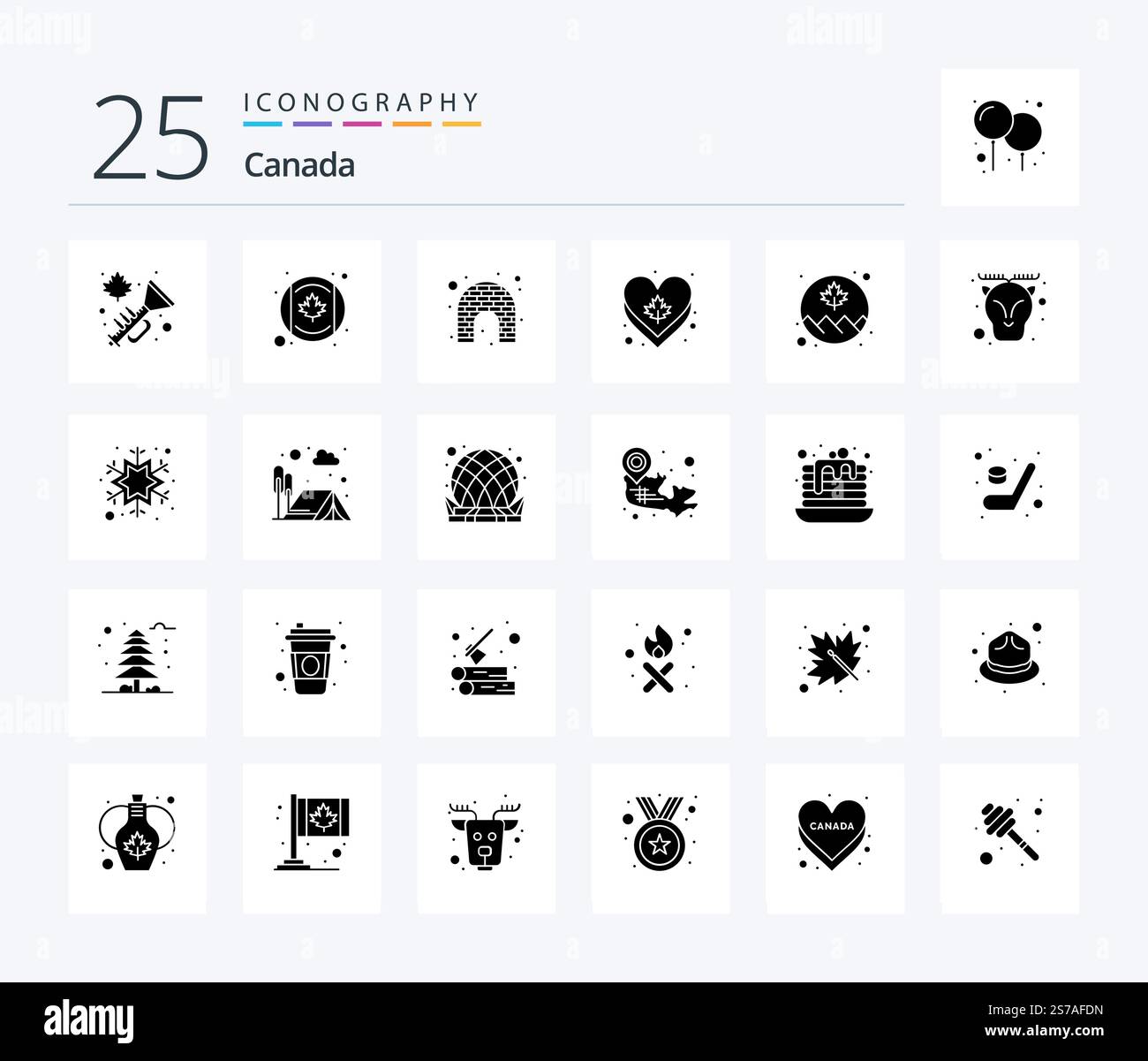 Canada 25 Solid Glyph icon pack including leaf. canada. de. heart Stock Vector