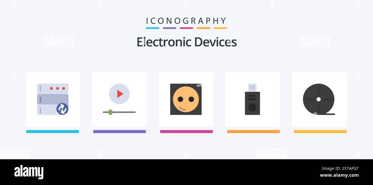 Devices Flat 5 Icon Pack Including gadgets. devices. electric. usb. disk. Creative Icons Design Stock Vector