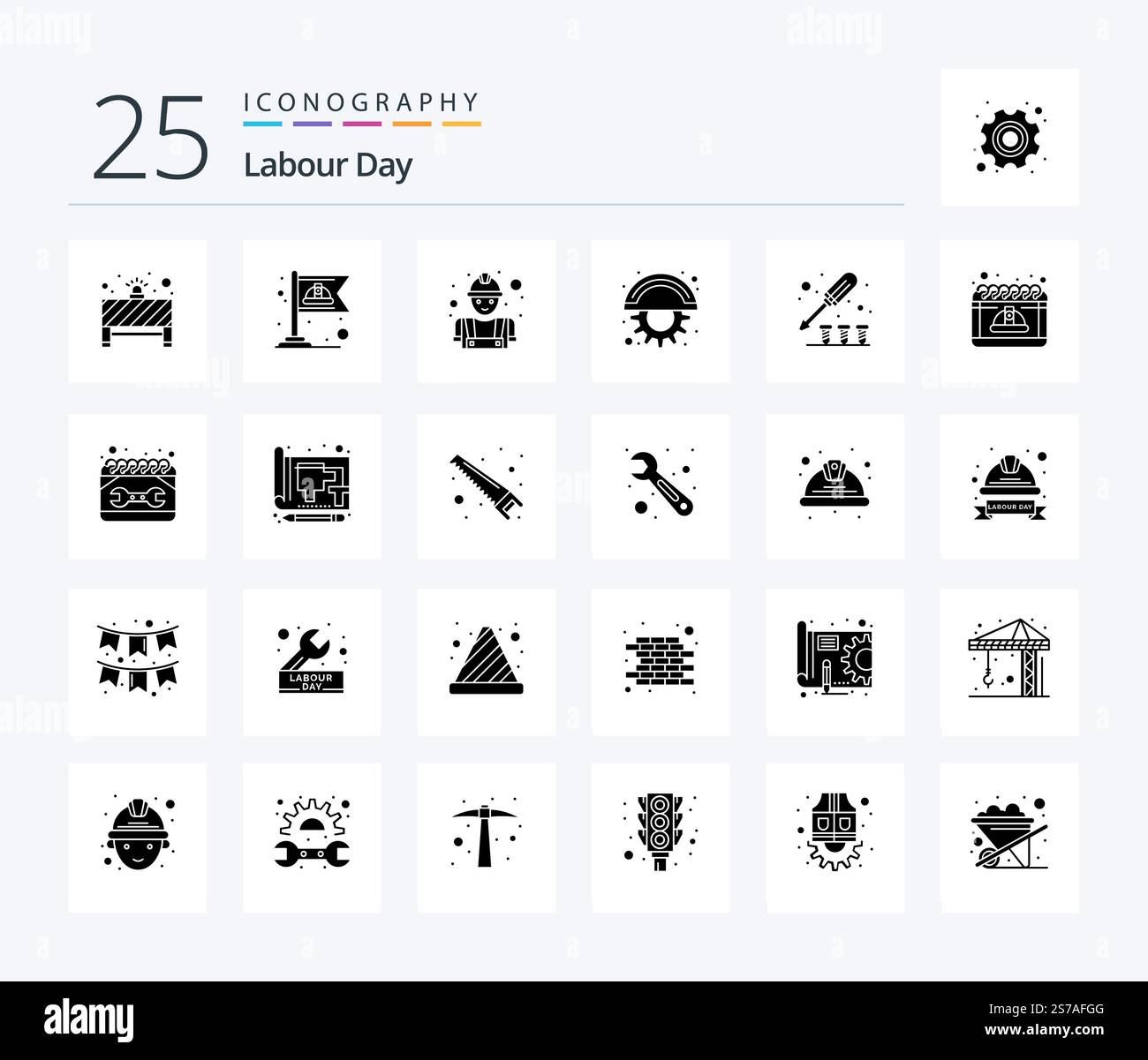 Labour Day 25 Solid Glyph icon pack including screw. gear. builder. line. blades Stock Vector
