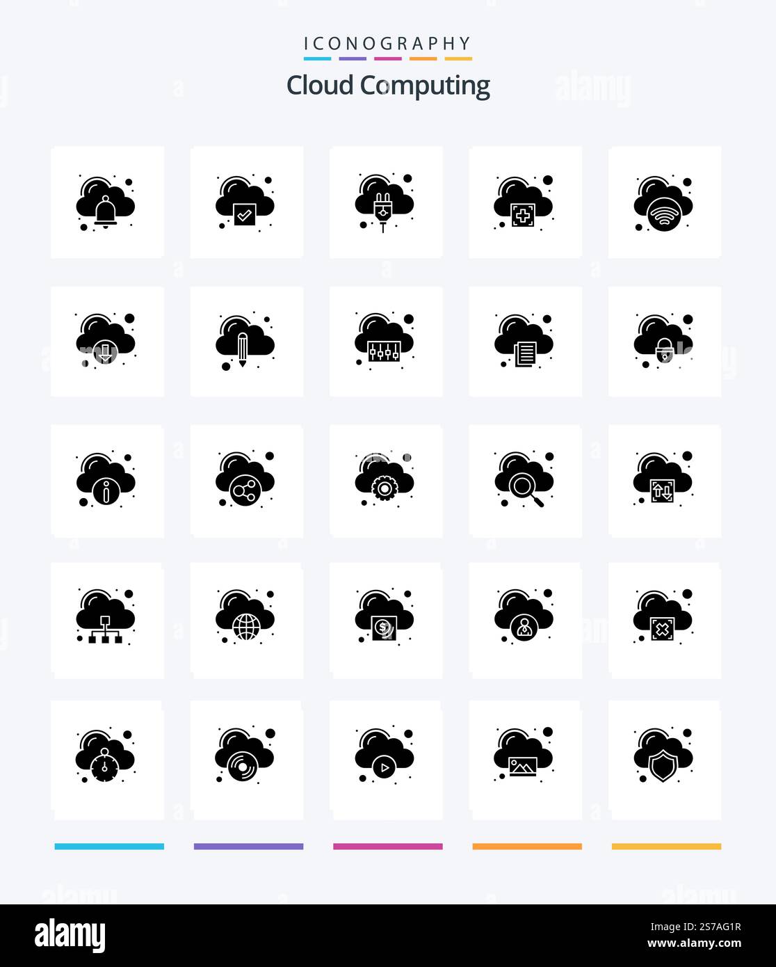 Creative Cloud Computing 25 Glyph Solid Black icon pack  Such As internet.. cloud hosting. cloud. add Stock Vector