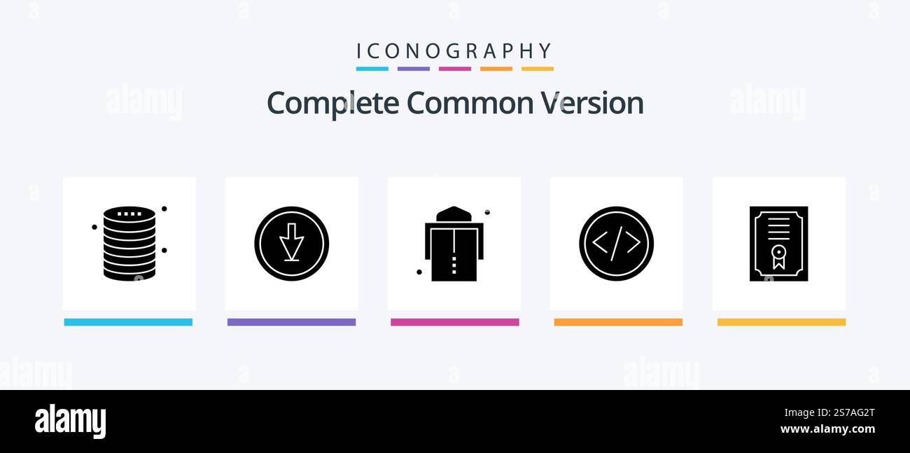 Complete Common Version Glyph 5 Icon Pack Including web. development. navigation. coding. girdle. Creative Icons Design Stock Vector