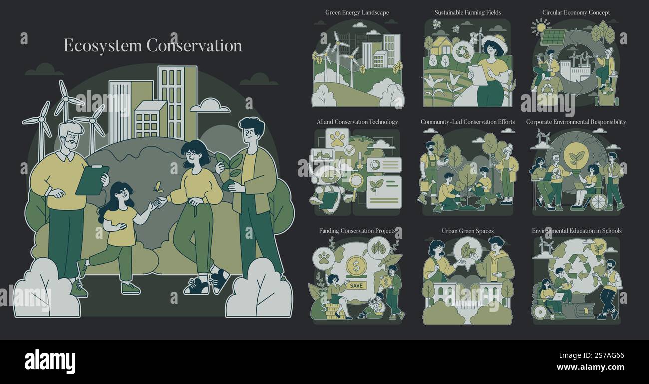 Ecosystem Conservation concept. Diverse strategies for preserving nature with technology, community action, and education. Collaborative efforts in sustainable living and circular economy. Vector illustration. Stock Vector