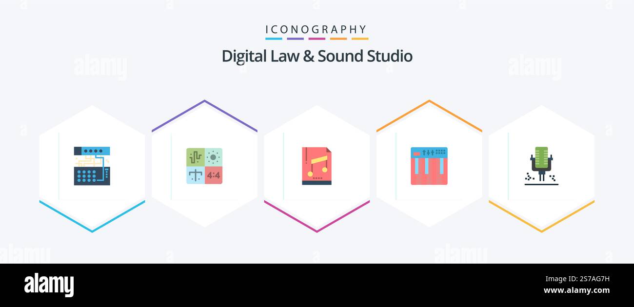 Digital Law And Sound Studio 25 Flat icon pack including midi. hardware. engineering. controller. file Stock Vector