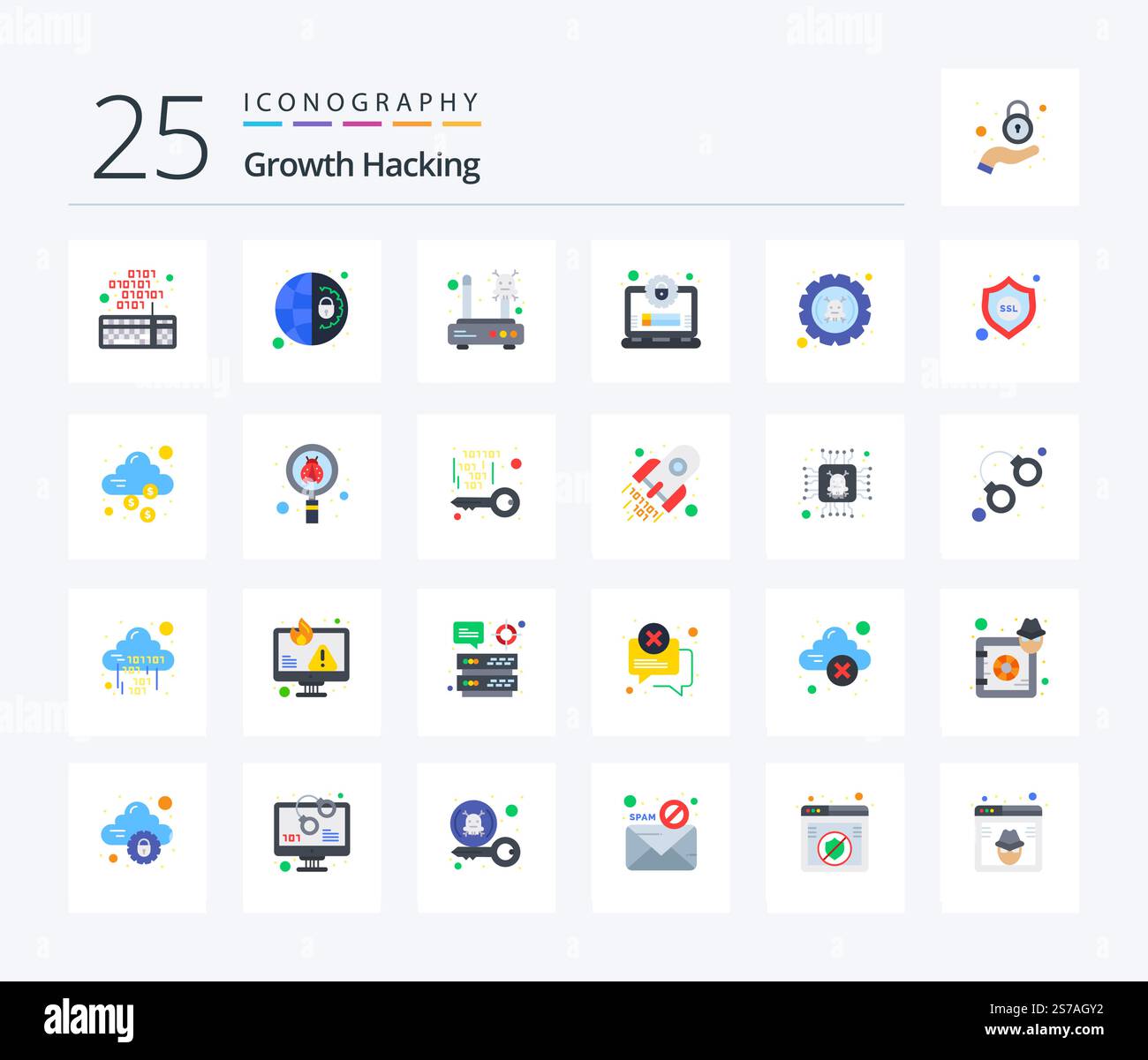 Hacking 25 Flat Color icon pack including bug. profile. error. lock. router Stock Vector
