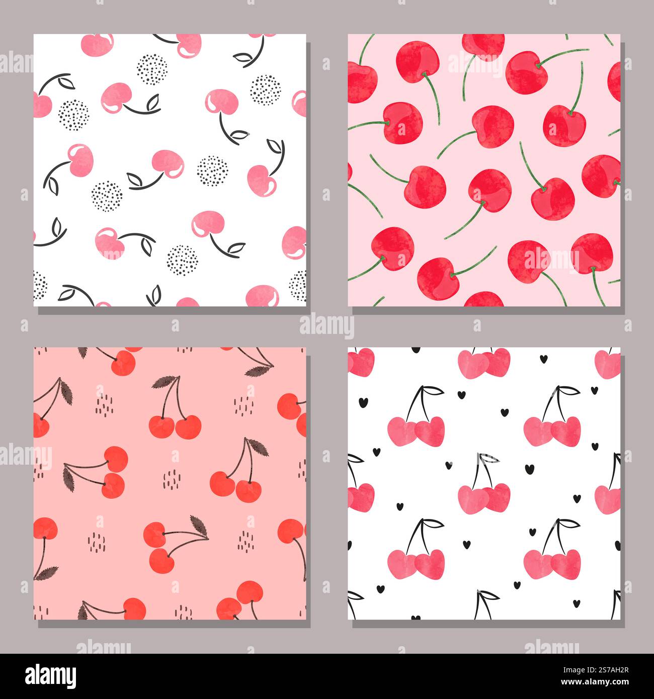 Watercolor cherry patterns. Set of vector seamless backgrounds Stock Vector