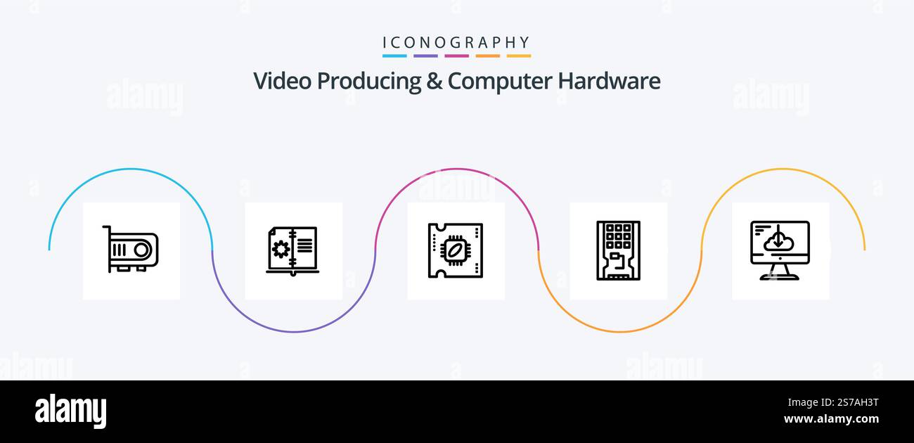 Video Producing And Computer Hardware Line 5 Icon Pack Including cloud. solid. cpu. hardware. disk Stock Vector