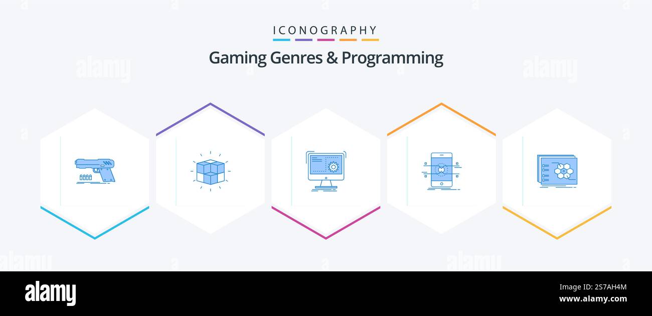 Gaming Genres And Programming 25 Blue icon pack including mobile. api. solution. progress. function Stock Vector