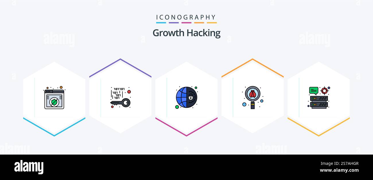 Hacking 25 FilledLine icon pack including datacenter. search. security. scan. settings Stock Vector