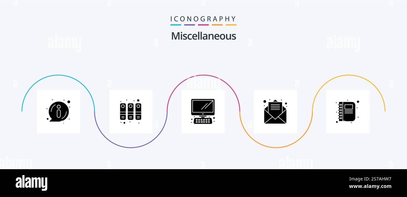 Miscellaneous Glyph 5 Icon Pack Including book. computer. open email. email Stock Vector