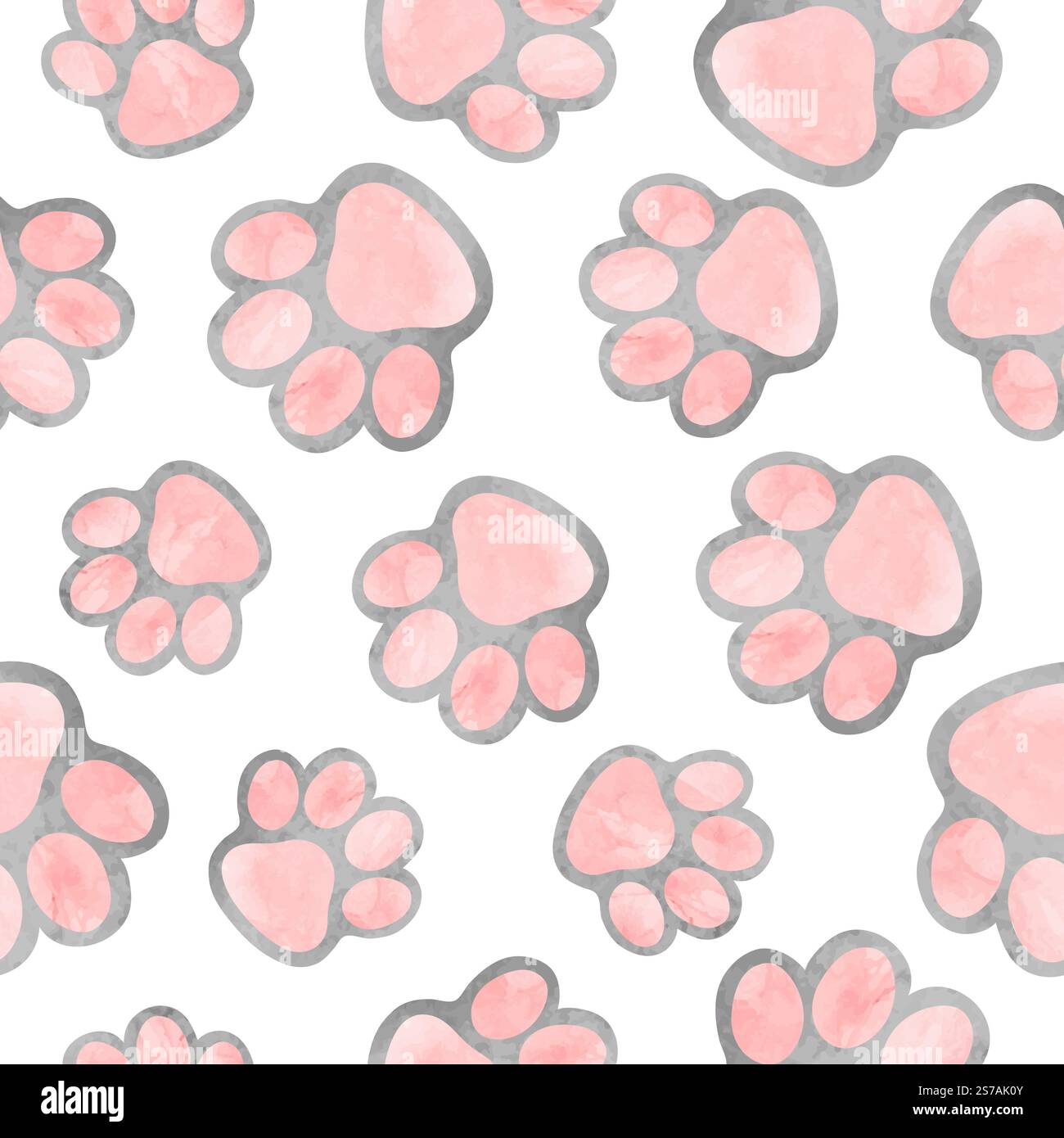 Paws print seamless pattern. Vector background with watercolor cat paws Stock Vector