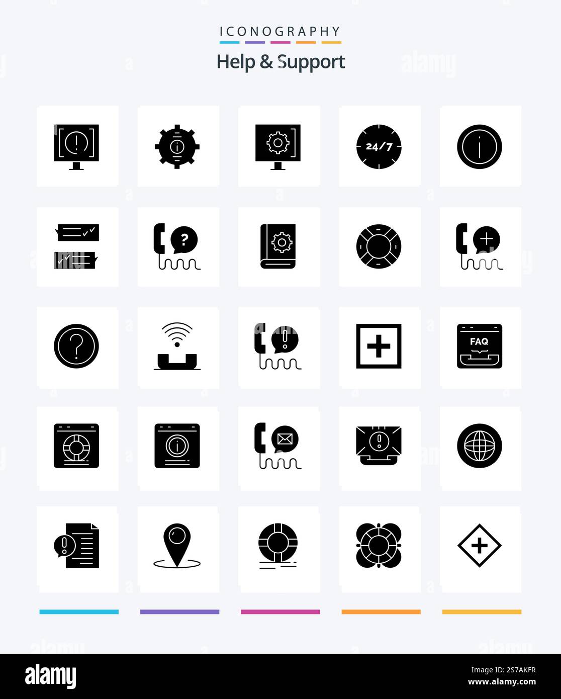 Creative Help And Support 25 Glyph Solid Black icon pack  Such As help. chat. help. support. information Stock Vector