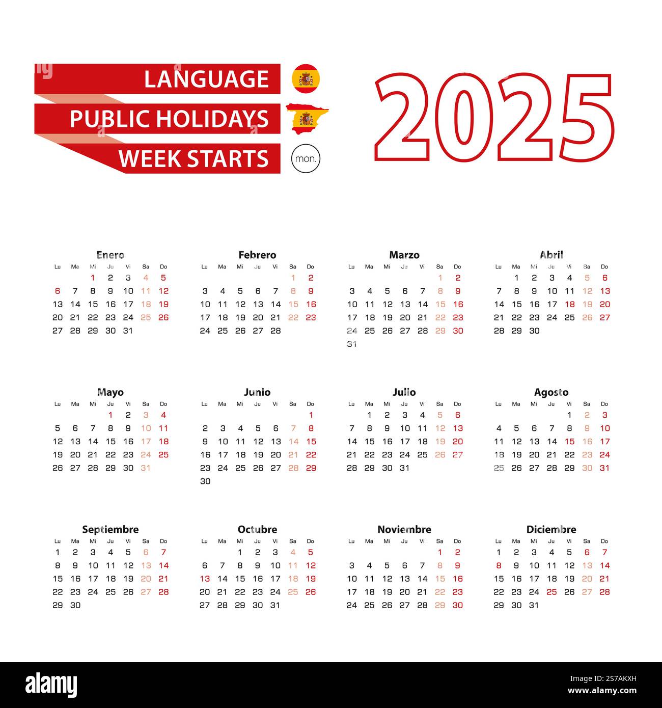 Calendar 2025 in Spanish language with public holidays the country of Spain in year 2025. Week