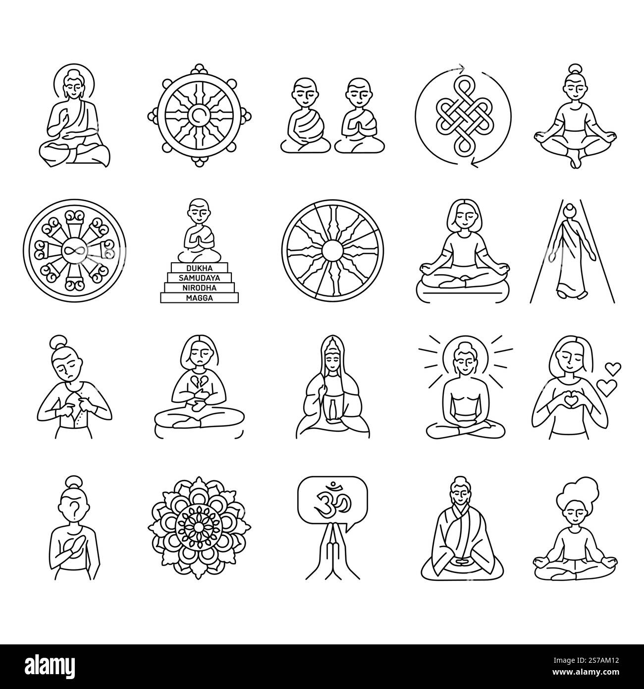 Buddhism line icons set. Vector isolated element. Editable stroke. Stock Vector