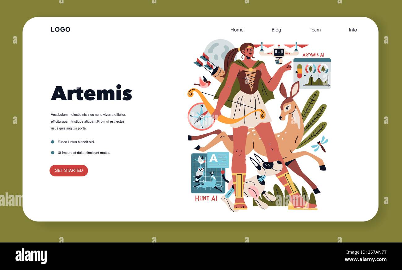 Olympic Gods Synergy AI concept. Illustration merges technology with Artemis, depicting her with AI and modern devices. Ancient meets innovation in a playful design. Vector illustration. Stock Vector