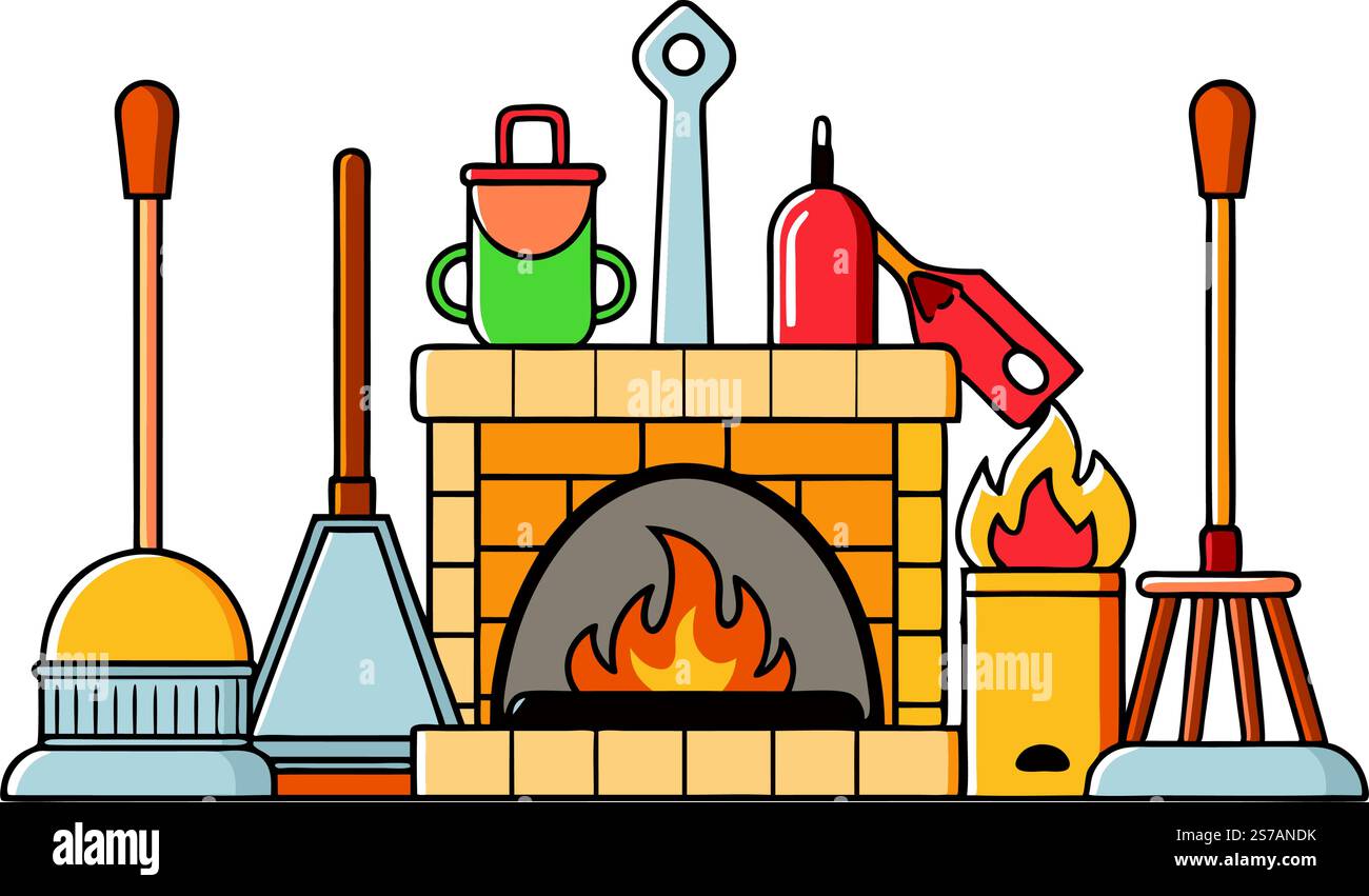 Set of various fireplace tools and accessories, cartoon illustration ...