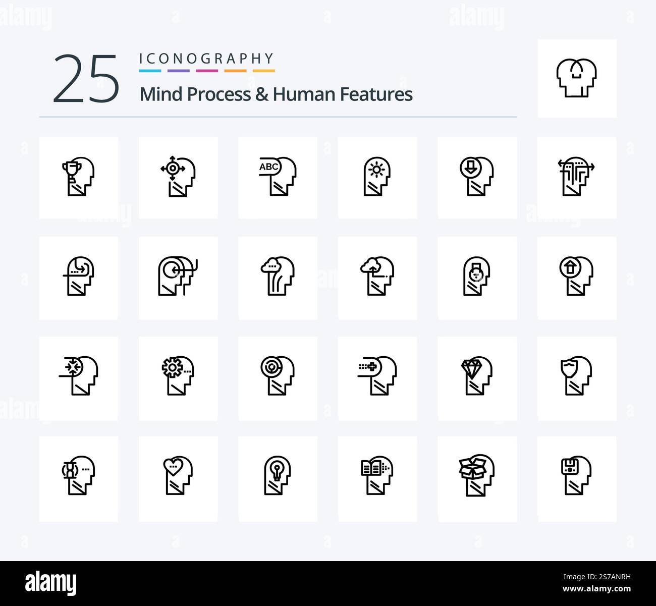 Mind Process And Human Features 25 Line icon pack including mind. brain. transform. <Layer>. human Stock Vector