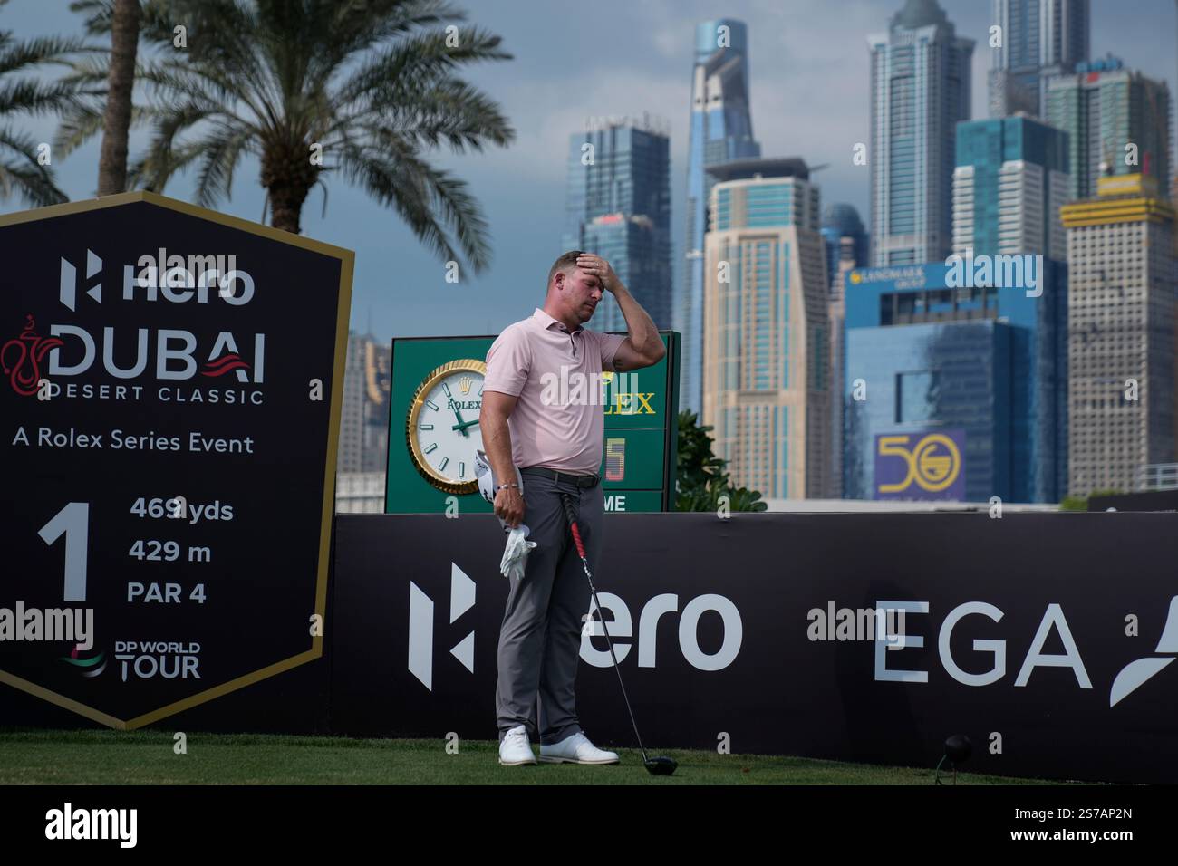 Shaun Norris of South Africa prepares to tee off during the final round of the Dubai Desert