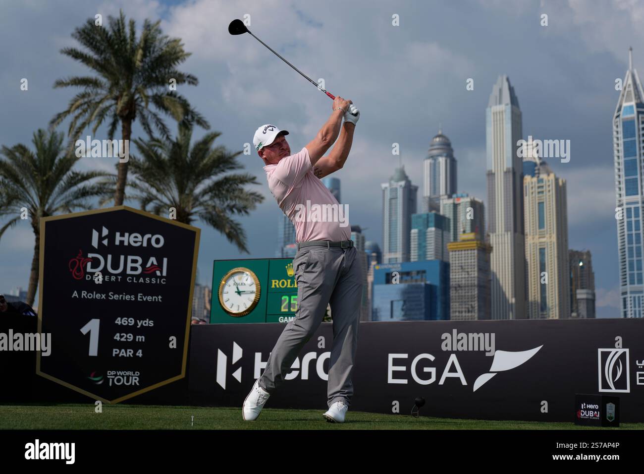 Shaun Norris of South Africa hits off the first tee during the final round of the Dubai Desert
