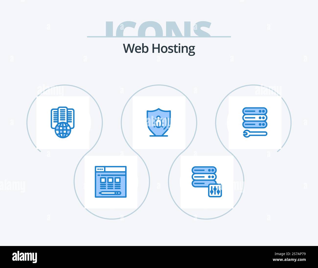 Web Hosting Blue Icon Pack 5 Icon Design. wrench. server. proxy. shield. protect Stock Vector