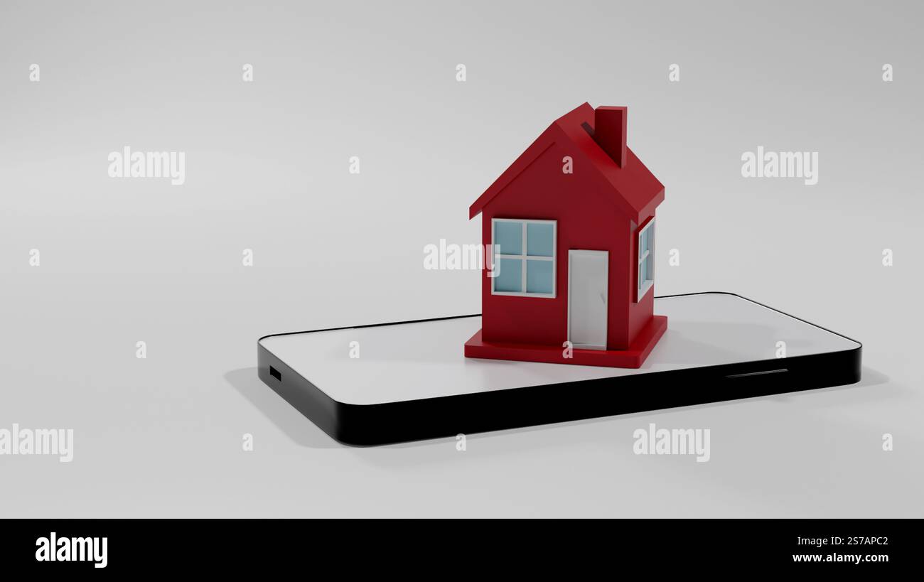 Red 3D model of house stands on mobile phone screen on white background, order and purchase online by phone, real estate Stock Photo