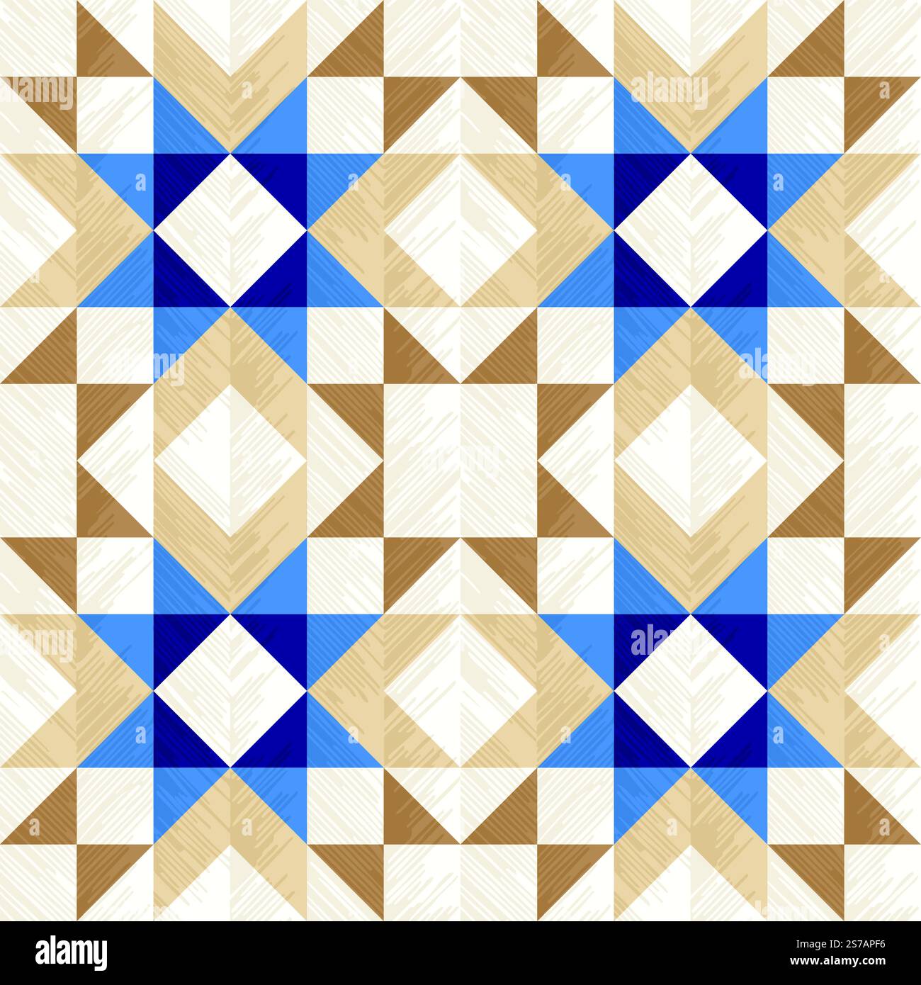 Rustic patchwork plaid pattern, seamless quilt block pattern background, featuring simple shapes, slightly textured, vector illustration, blue, brown Stock Vector