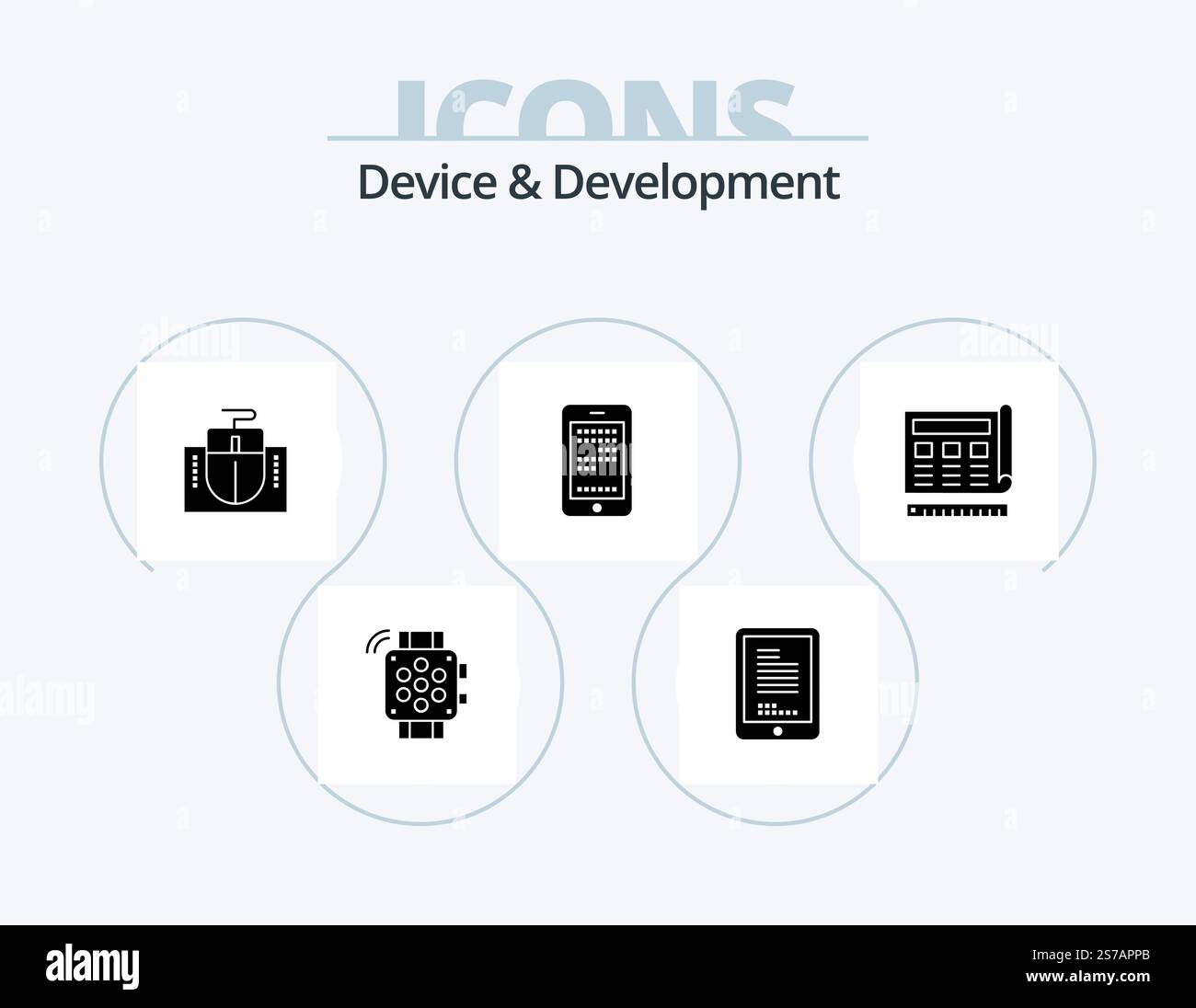 Device And Development Glyph Icon Pack 5 Icon Design. blue. coding. mouse. cell. mobile Stock Vector