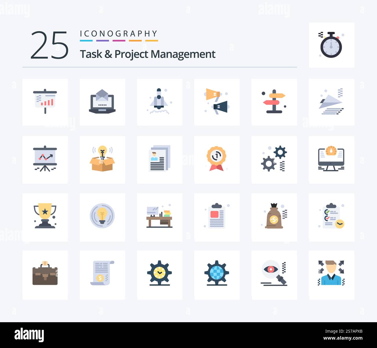 Task And Project Management 25 Flat Color icon pack including airplane. navigation. rocket. direction. speaker Stock Vector