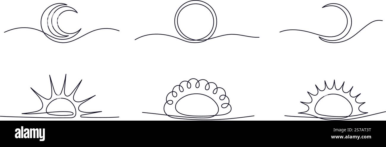 Sun, moon one continuous line set. Vector hand drawn symbol isolated on white background. Doodle illustration Stock Vector
