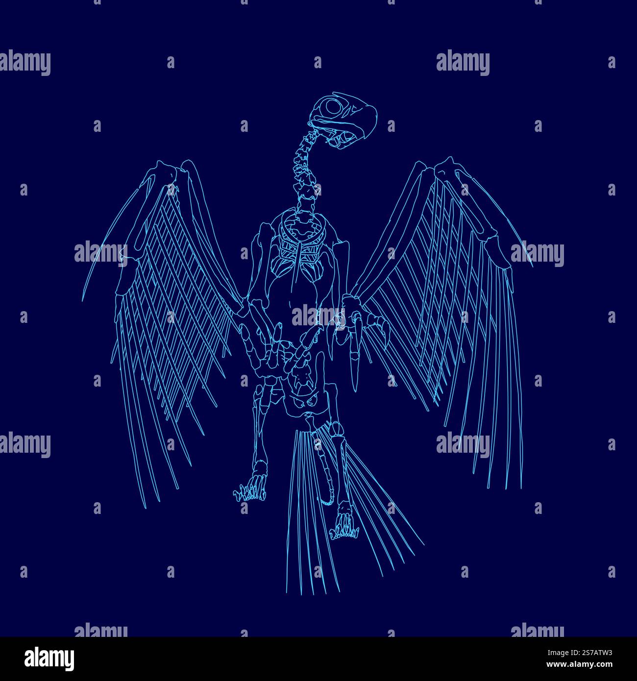 Blue skeleton with wings. The skeleton is in a blue color scheme Stock