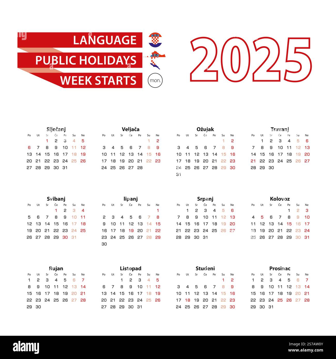 Calendar 2025 in Croatian language with public holidays the country of
