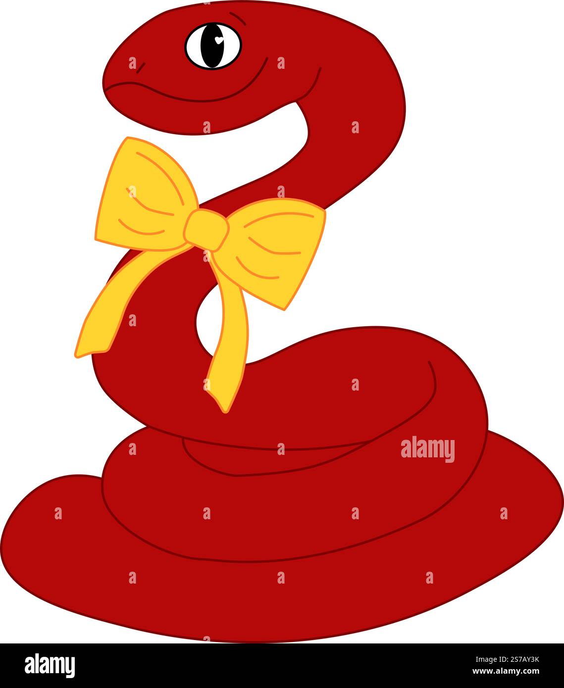 Cute cartoon red snake with yellow ribbon. Christmas vector illustration of animal on transparent background. Stock Vector