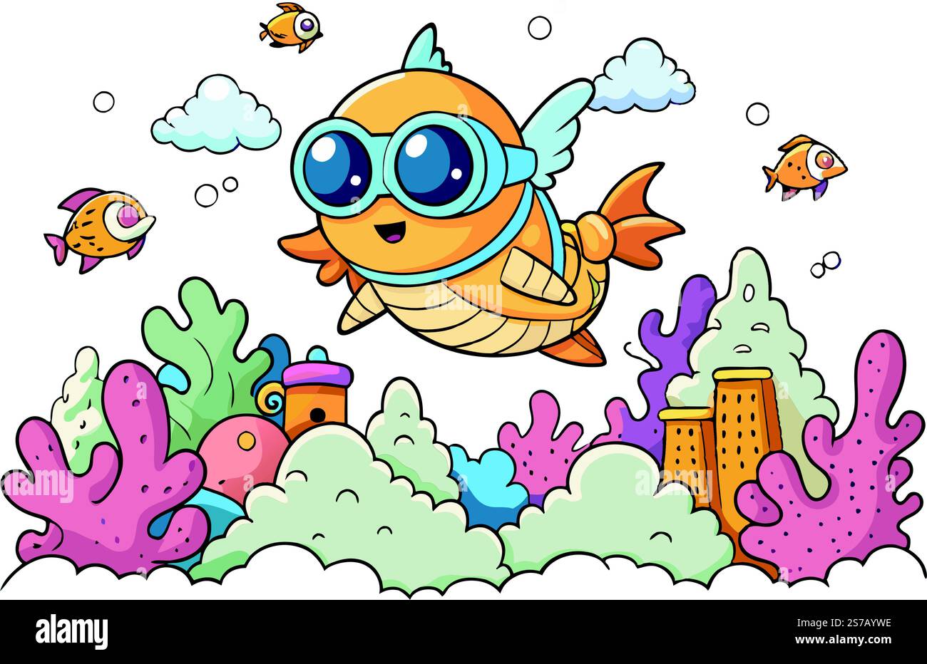 Charming flying fish with wings and goggles in a whimsical undersea ...
