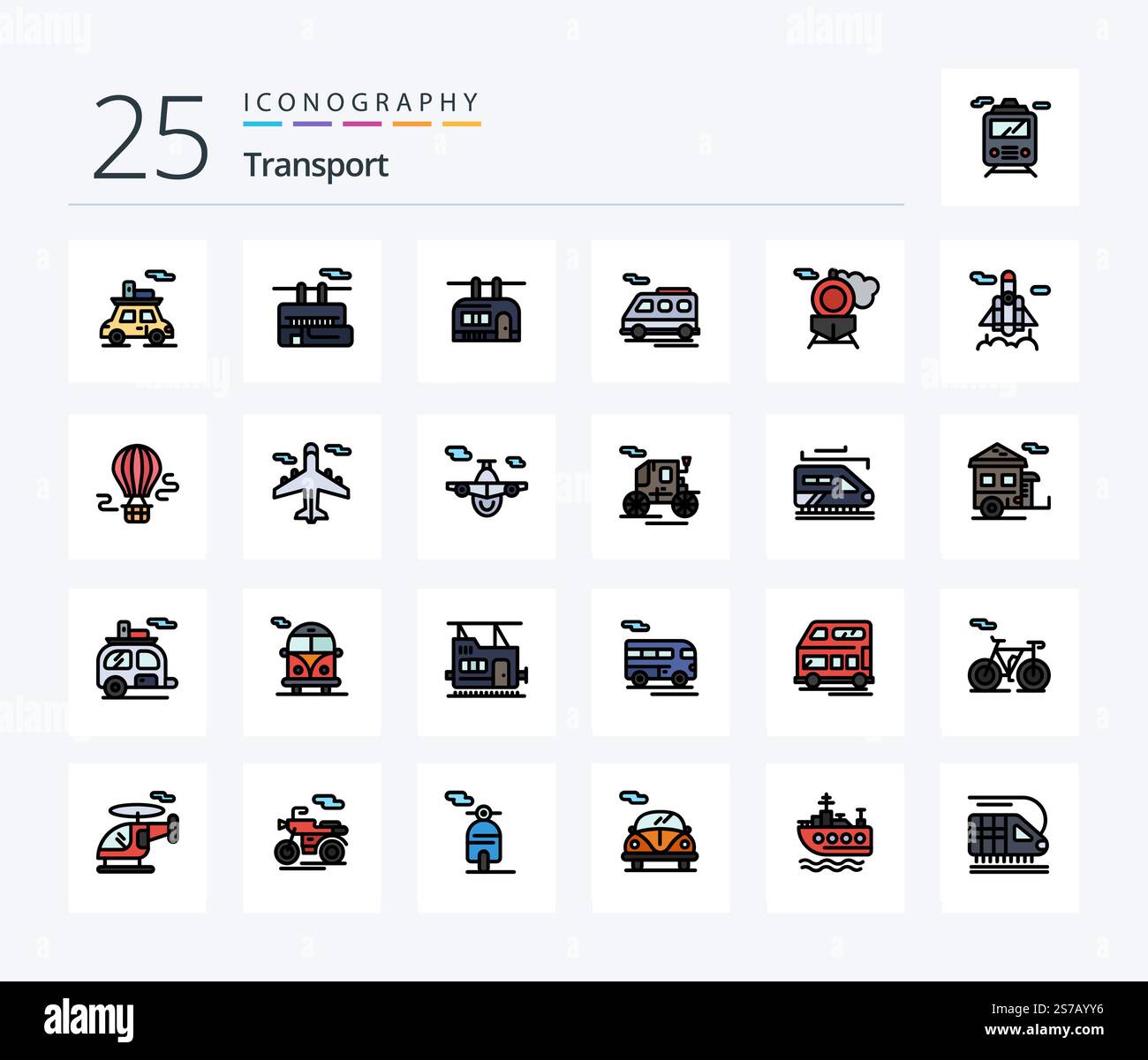 Transport 25 Line Filled icon pack including air. space. bus. rocket ...