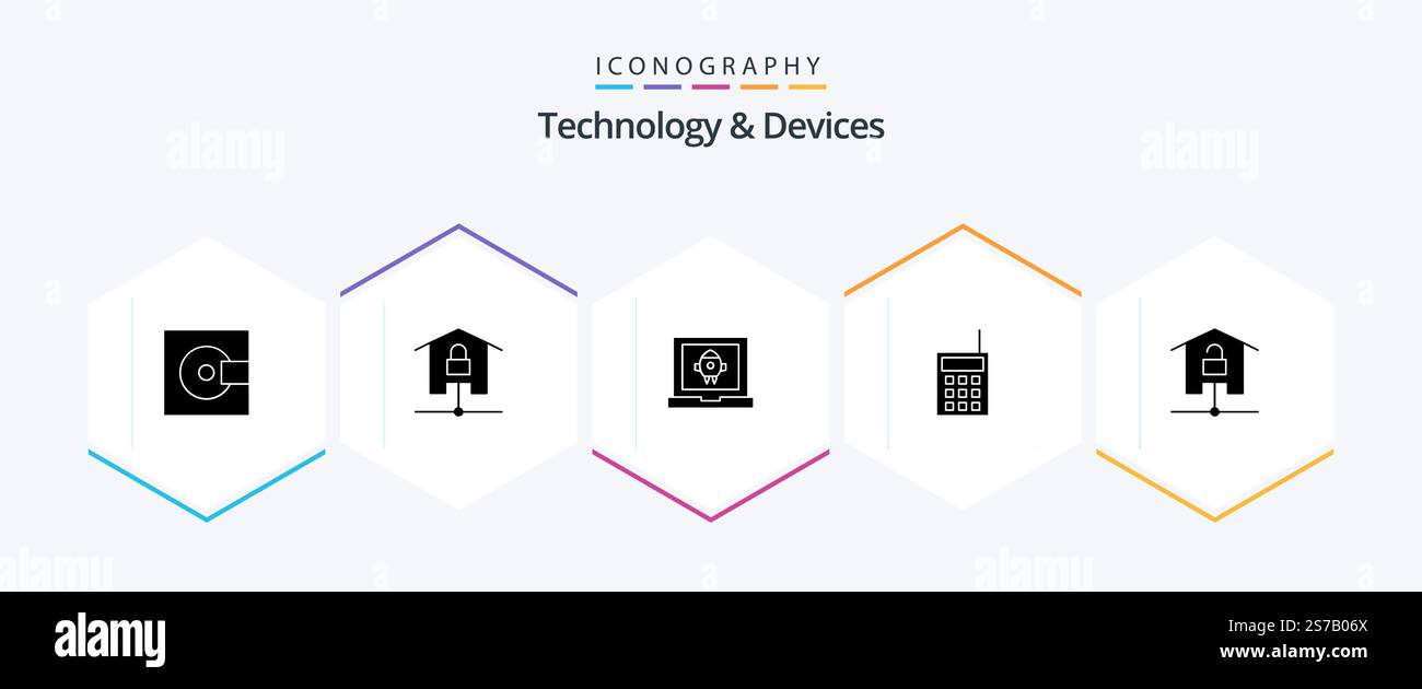 Devices 25 Glyph icon pack including talkie. hardware. locked. devices. launch Stock Vector