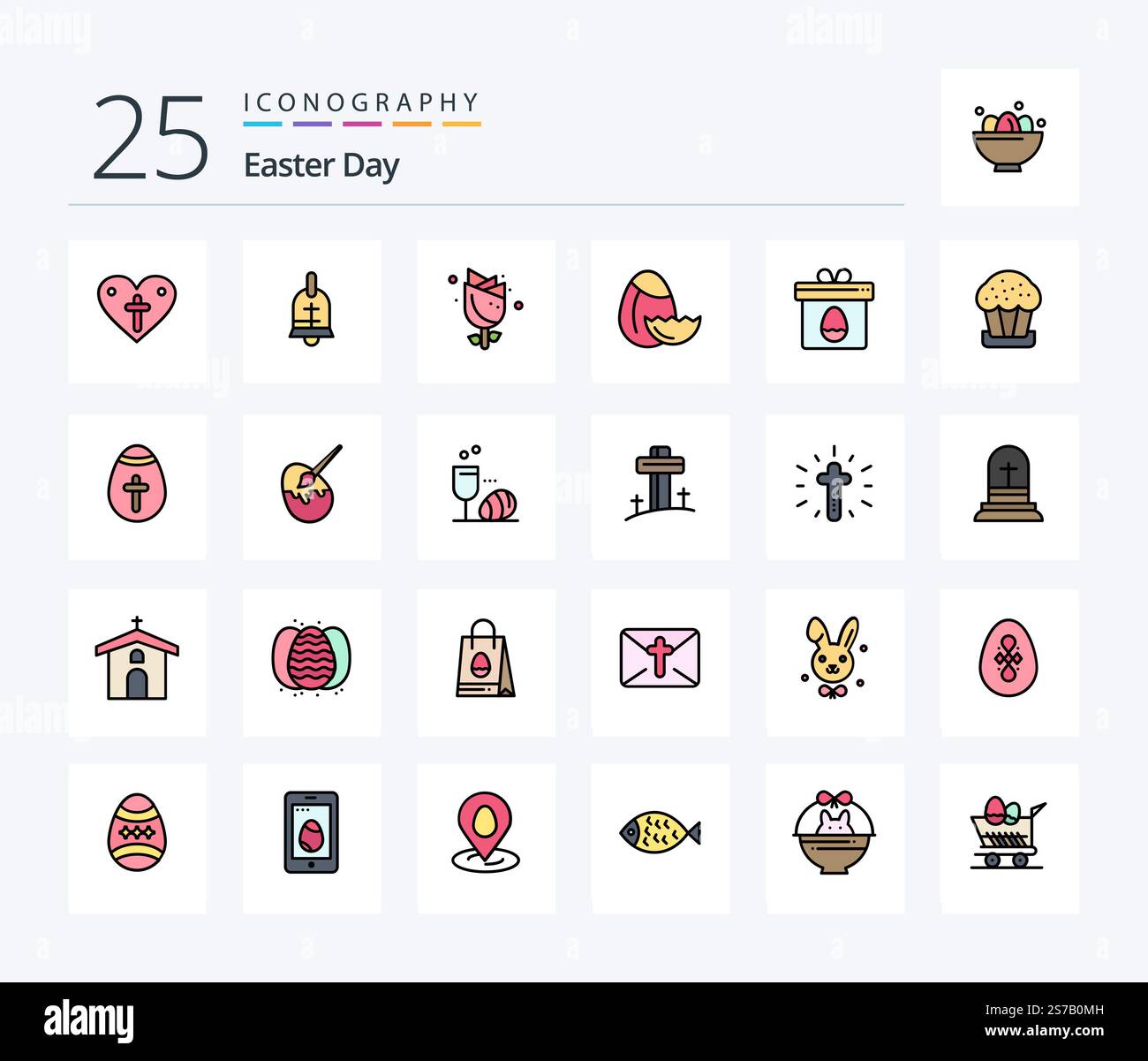 Easter 25 Line Filled icon pack including egg. gift. flower. easter. egg Stock Vector