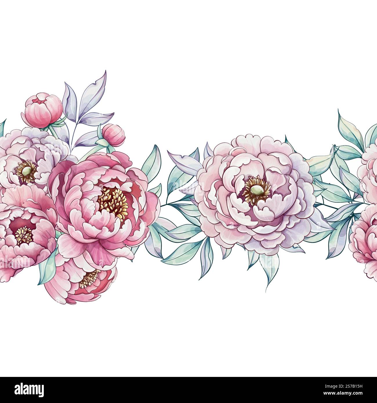 Soft pink and white peonies intertwine with green leaves, forming a ...