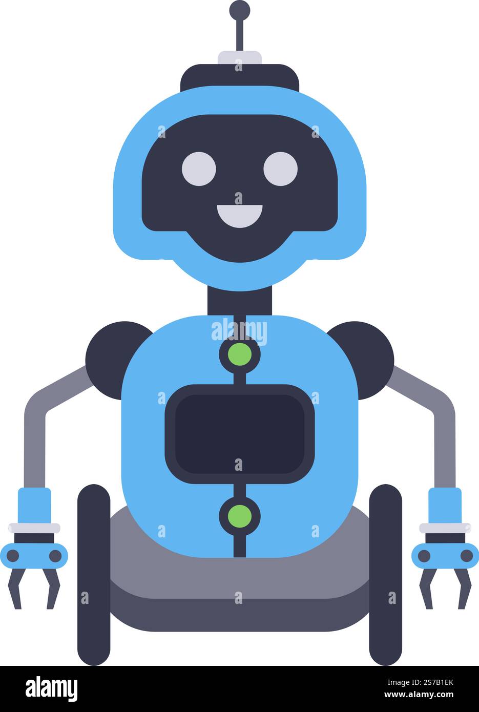Modern blue robot with wheels, grippers and antenna is smiling happily, representing artificial intelligence, automation, and technological advancemen Stock Vector