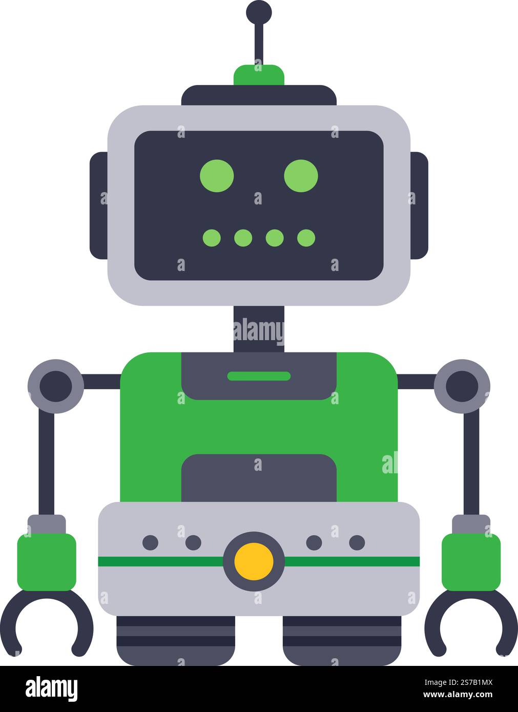 Green and grey friendly robot standing still and showing its mechanical arms, isolated on white background, ideal for technology, innovation and autom Stock Vector