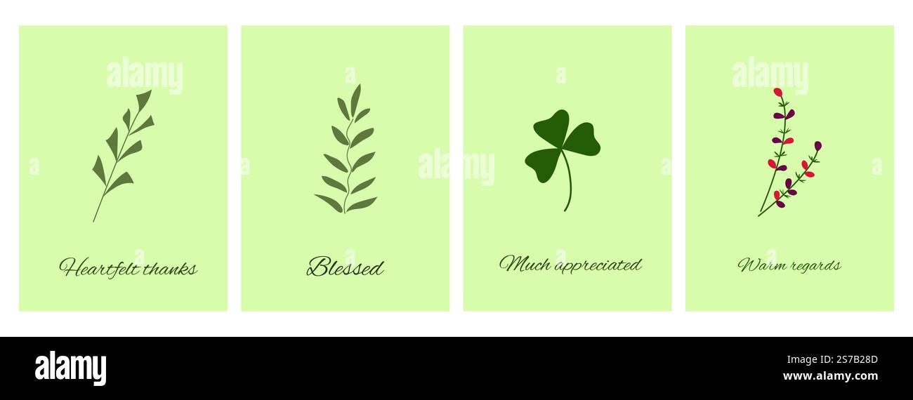Set of floral greeting cards in flat style. Green leaves and plants ...