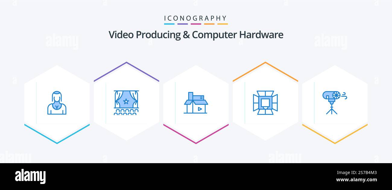 Video Producing And Computer Hardware 25 Blue icon pack including lighting. illumination. performance. publishing. digital Stock Vector