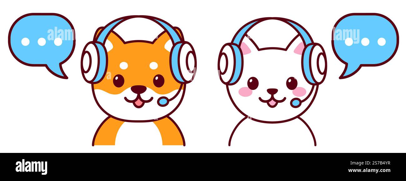 Cute cartoon dog and cat characters in headset with speech bubble. Customer support help desk or live stream chat. Vector clip art illustration. Stock Vector