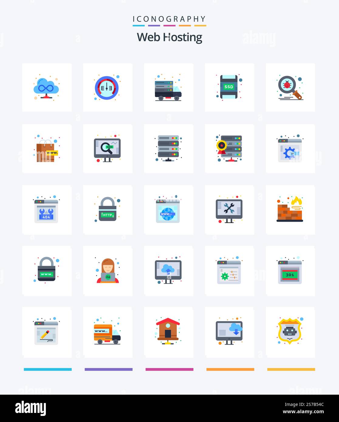 Creative Web Hosting 25 Flat icon pack  Such As protect. scan. online. bug. memory card Stock Vector