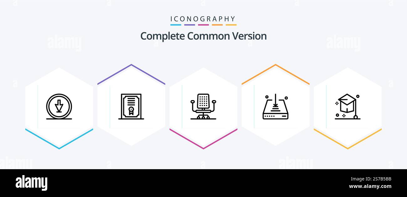 Complete Common Version 25 Line icon pack including education. college. chair. save. down Stock Vector