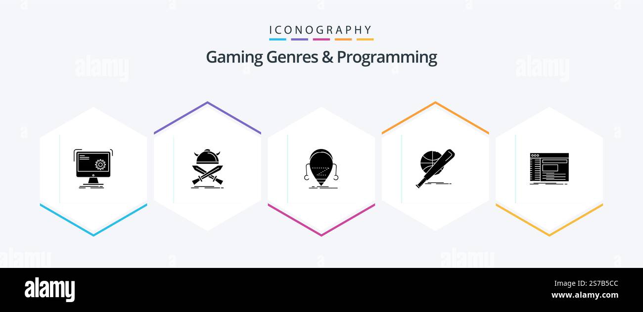 Gaming Genres And Programming 25 Glyph icon pack including ball. baseball. warrior. technology. droid Stock Vector
