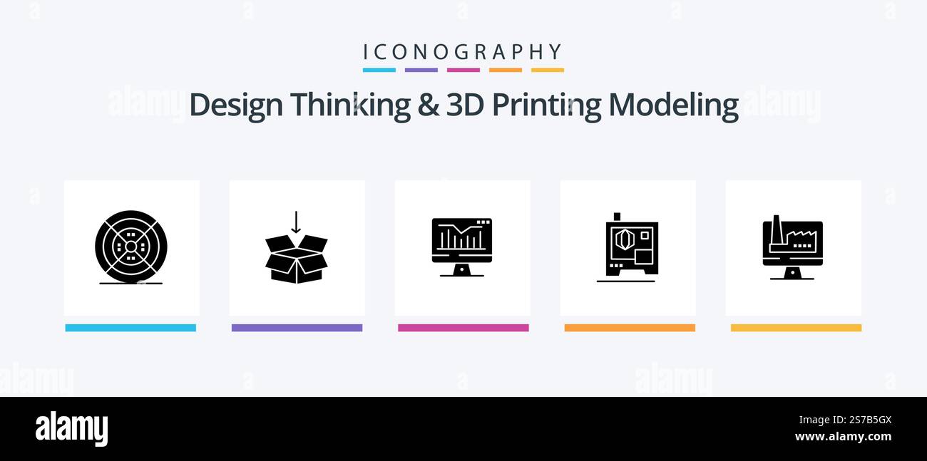 Design Thinking And D Printing Modeling Glyph 5 Icon Pack Including monitore. computer. computer. scanner. printer. Creative Icons Design Stock Vector