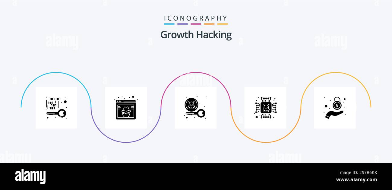 Hacking Glyph 5 Icon Pack Including error. chip. hacker. security. key Stock Vector